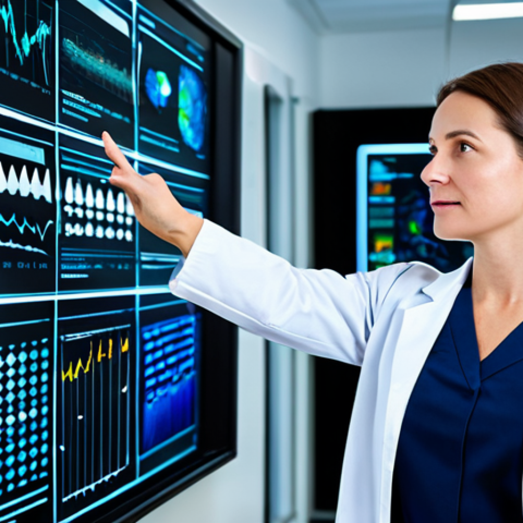 A professional female scientist, fully clothed in a clean, modest lab coat, standing in a brightly lit, modern neuroscience lab. She is looking at a holographic display showing abstract brain activity patterns and data visualizations, representing how the brain processes advertisements and consumer responses. The setting emphasizes scientific research, precision, and cognitive understanding. Perfect anatomy, correct proportions, natural pose, well-formed hands, proper finger count, natural body proportions. Safe for work, appropriate content, professional, high quality, detailed, realistic.