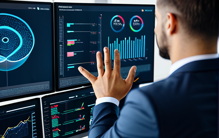 A focused male marketing strategist, wearing a professional, modest business suit, observing complex real-time data visualizations on multiple large monitors in a sleek, modern office. The scene emphasizes the role of artificial intelligence in data analytics and programmatic buying, with subtle glowing lines representing data flow. The subject has perfect anatomy, correct proportions, a natural pose, well-formed hands, proper finger count, and natural body proportions. The image should convey a high-tech, professional atmosphere, safe for work, appropriate content, fully clothed, professional dress, high resolution, sharp focus, professional photography.