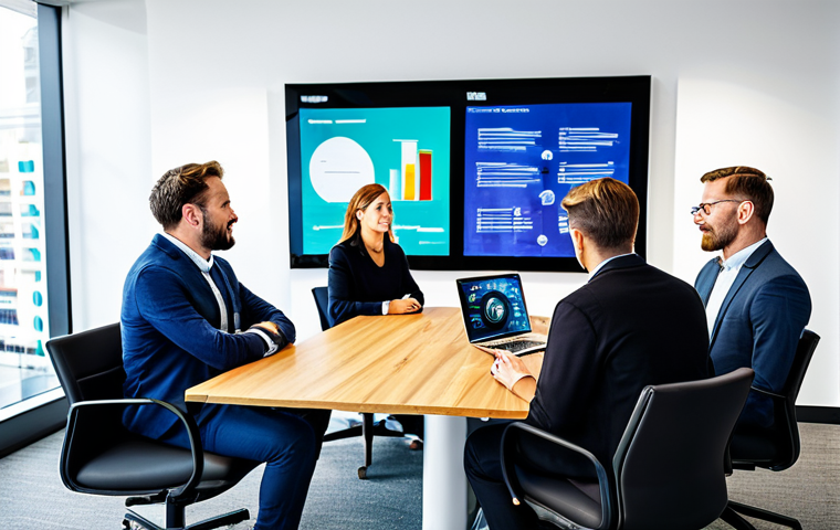 A diverse group of professional marketing experts and a content creator are collaboratively brainstorming around a modern conference table in a bright, contemporary office space. Large digital screens in the background display marketing analytics data and creative concepts. All individuals are fully clothed in professional business attire and smart casual wear, ensuring appropriate attire. The scene conveys energetic discussion and genuine collaboration, with a natural pose for all subjects. Professional photography, high resolution, perfect anatomy, correct proportions, well-formed hands, proper finger count, natural body proportions, safe for work, appropriate content, fully clothed, professional.