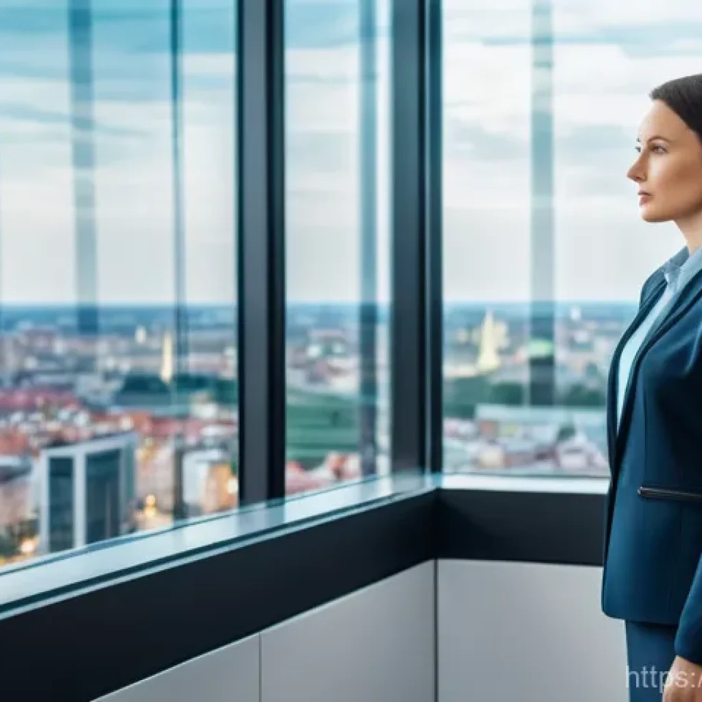 광고홍보사 실기 시험 준비법 - A professional Polish woman, in her early 30s, stands in a sleek, modern office with large windows o...
