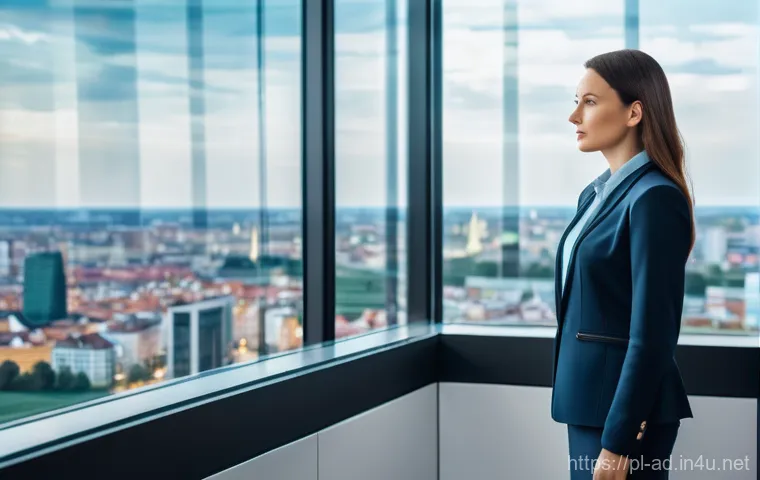 광고홍보사 실기 시험 준비법 - A professional Polish woman, in her early 30s, stands in a sleek, modern office with large windows o...