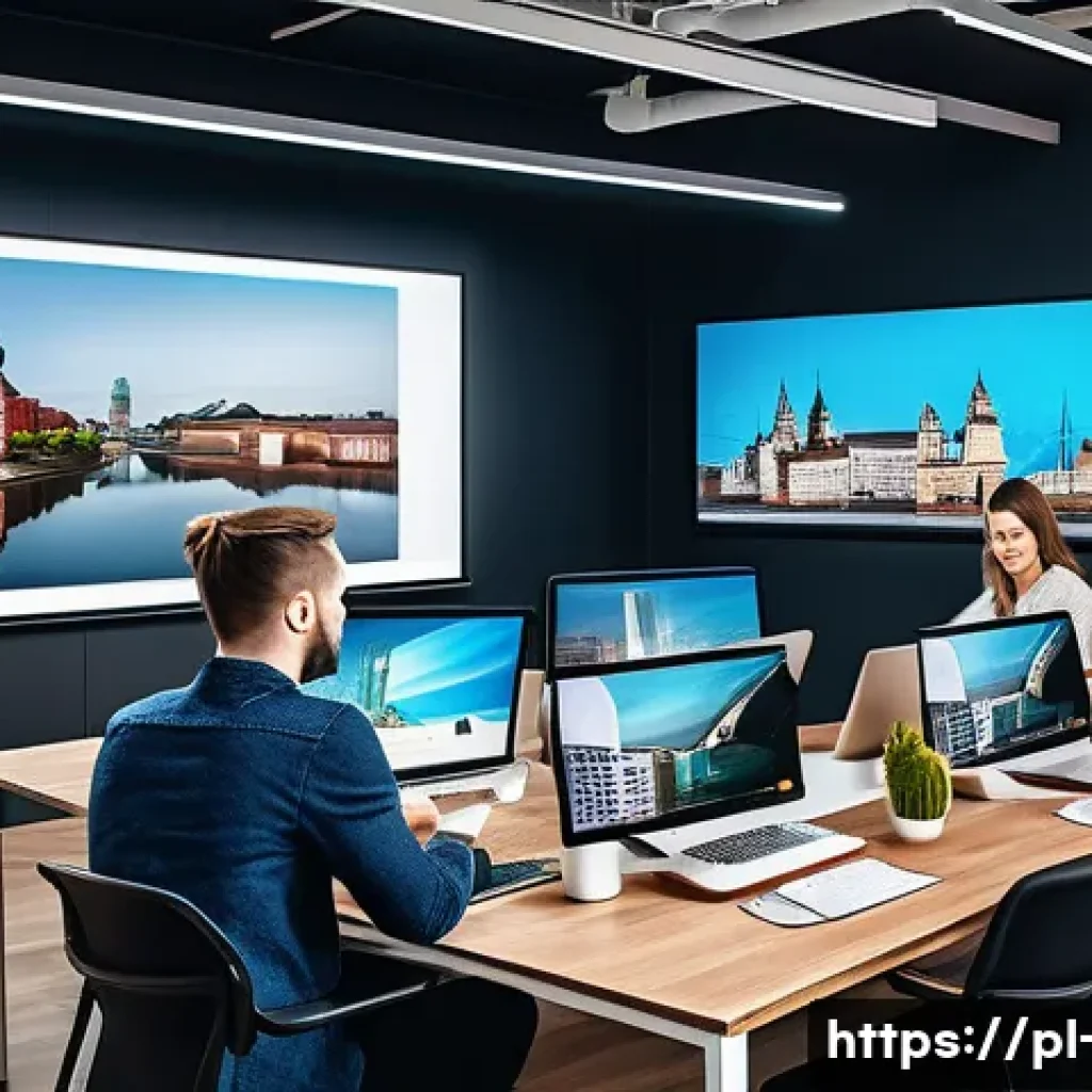 광고홍보사와 마케팅 전문가 차이 - A modern marketing agency office scene in Warsaw, Poland, showing a diverse team of professionals co...