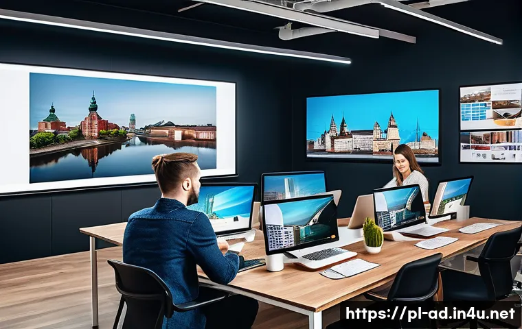 광고홍보사와 마케팅 전문가 차이 - A modern marketing agency office scene in Warsaw, Poland, showing a diverse team of professionals co...