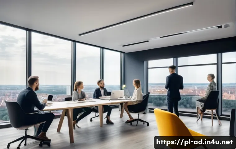 광고홍보사와 브랜드 광고 스토리 설계 - A modern creative team collaborating in a bright, spacious office with large windows overlooking a W...