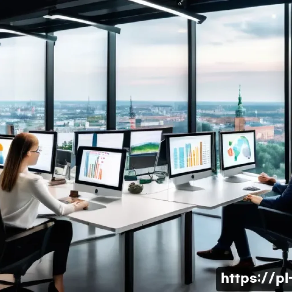 광고홍보사와 타겟 중심 광고 사례 - A modern digital marketing office scene in Poland, showcasing a diverse team of professionals analyz...