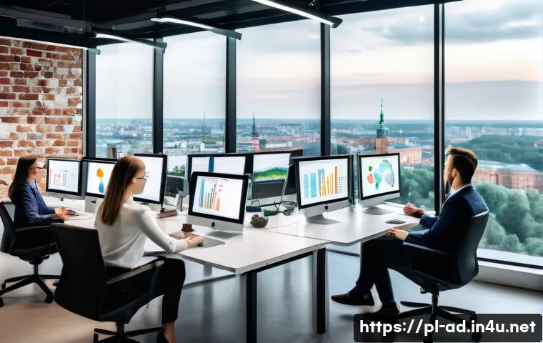광고홍보사와 타겟 중심 광고 사례 - A modern digital marketing office scene in Poland, showcasing a diverse team of professionals analyz...