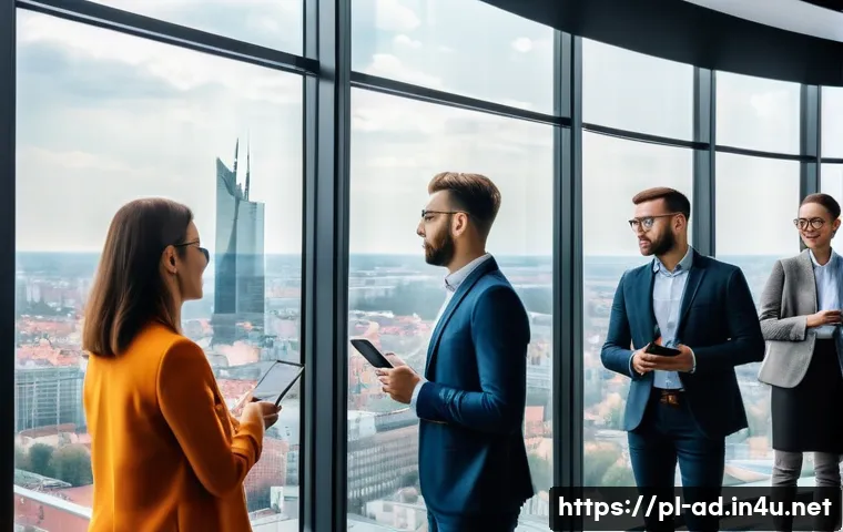 광고홍보사와 PR 이벤트 성공 사례 - A dynamic business event scene in Warsaw, Poland, featuring a modern conference room with diverse pr...