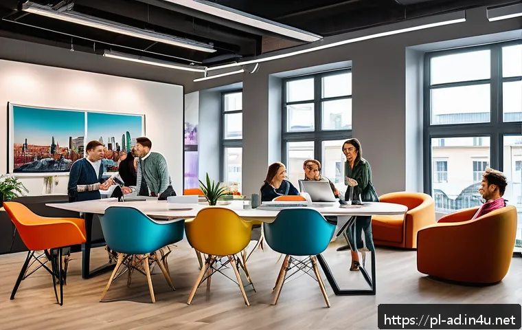광고홍보사와 이벤트 마케팅 - A modern marketing team in a bright, stylish Warsaw office, collaborating on a brand consistency pro...