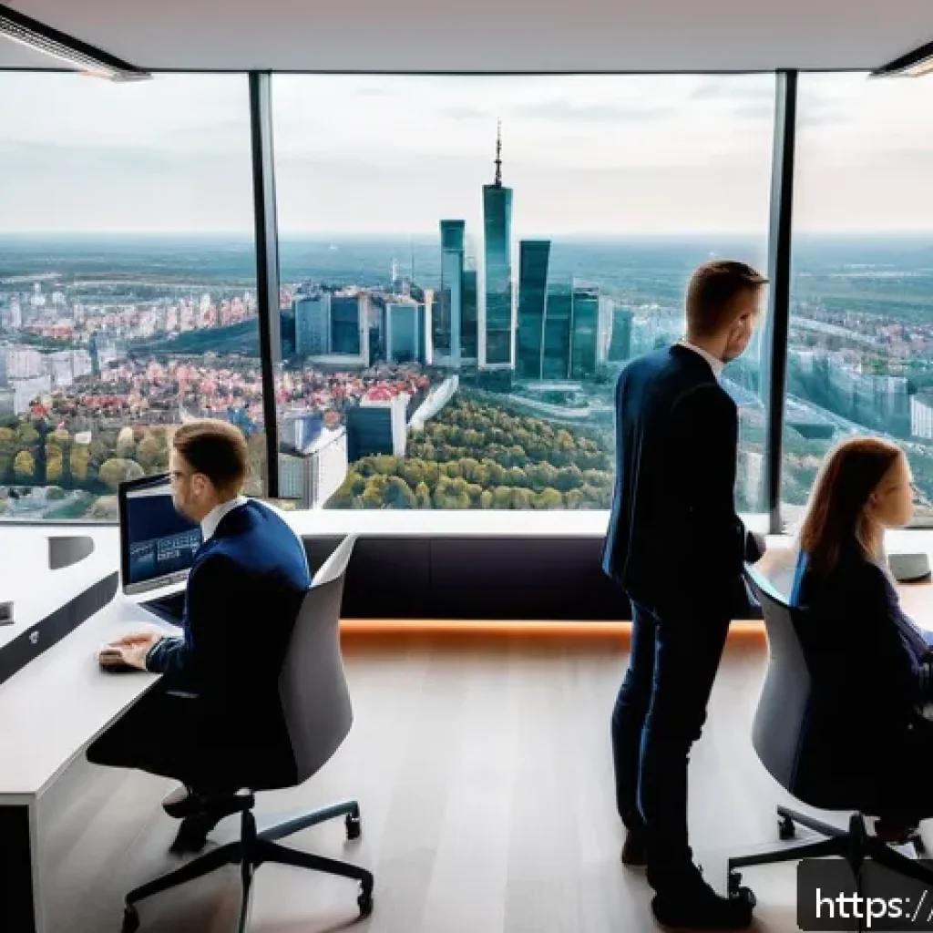 광고홍보사와 광고 시장 혁신적인 도전 - A modern digital marketing office scene in Warsaw, Poland, featuring a diverse team of professionals...