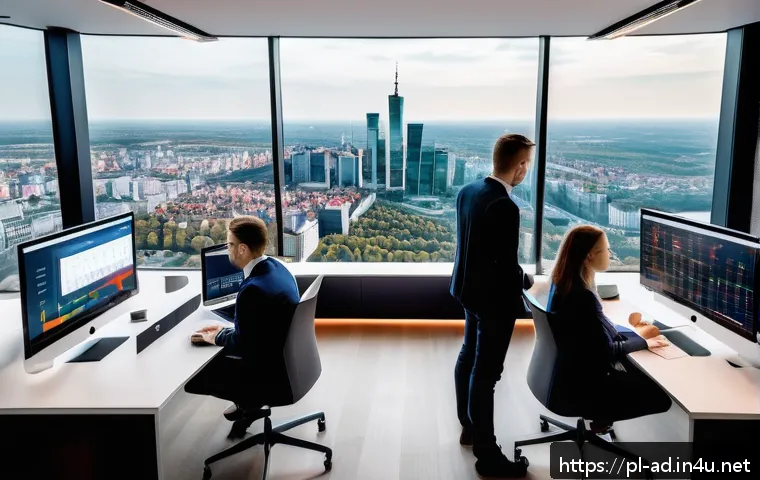 광고홍보사와 광고 시장 혁신적인 도전 - A modern digital marketing office scene in Warsaw, Poland, featuring a diverse team of professionals...