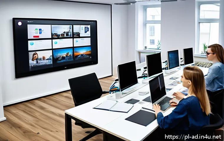 광고홍보사와 창의적 사고법 훈련 - A modern digital marketing agency office scene in Warsaw, Poland, showing a diverse team of professi...