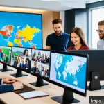 Home 20 광고홍보사와 글로벌 광고 전략 - A vibrant digital marketing office scene showcasing a multicultural team collaborating on a global c...