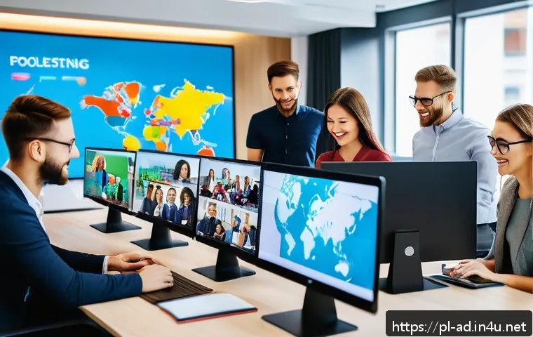 광고홍보사와 글로벌 광고 전략 - A vibrant digital marketing office scene showcasing a multicultural team collaborating on a global c...