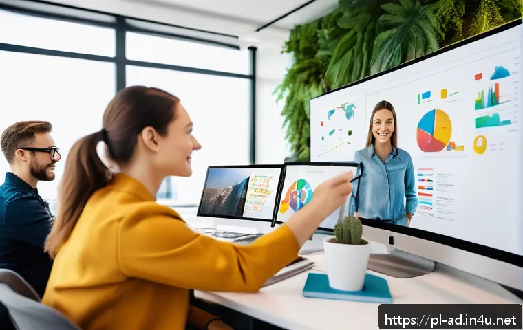 광고홍보사와 광고 디자인 툴 활용법 - A modern digital marketing team collaborating in a bright, contemporary office space, diverse profes...